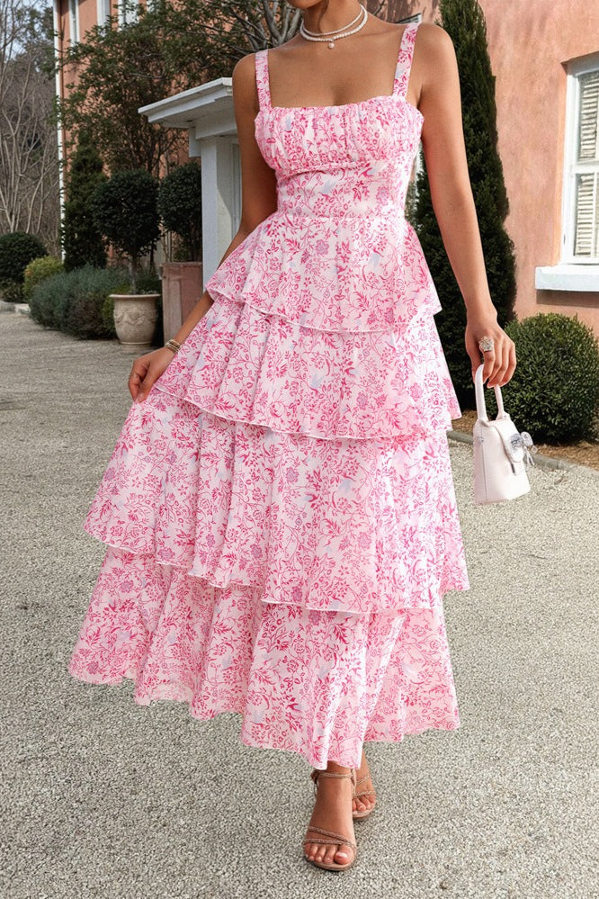 Square Neck Ruched Wide Strap Tiered Toile Floral Print Maxi Dress