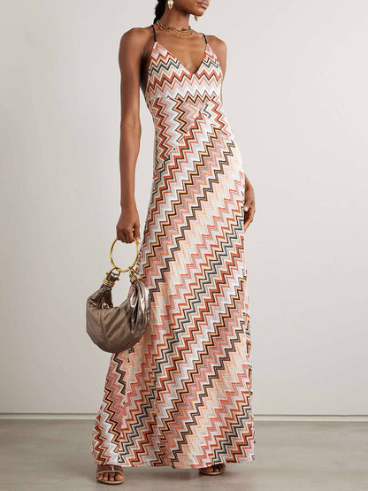 Colorful Zigzag Pattern Elegant Sling Backless Maxi Dress