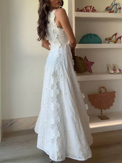 High Neck Tie Shoulder Floral Lace Eyelet Embroidery Maxi Dress