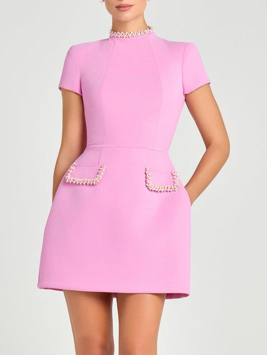Elegant and Sweet Scent Pearl Trim Short Sleeve Pocketed Mini Dress