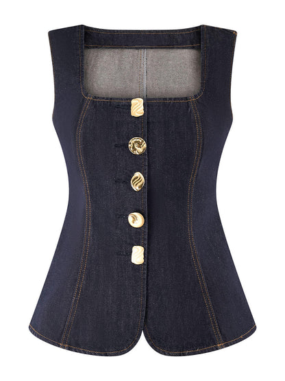 Modern Playful Unique Sleeveless Button-Down Denim Vest Top