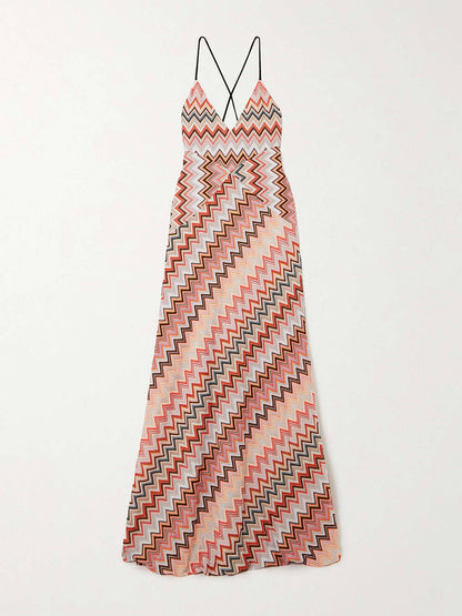 Colorful Zigzag Pattern Elegant Sling Backless Maxi Dress