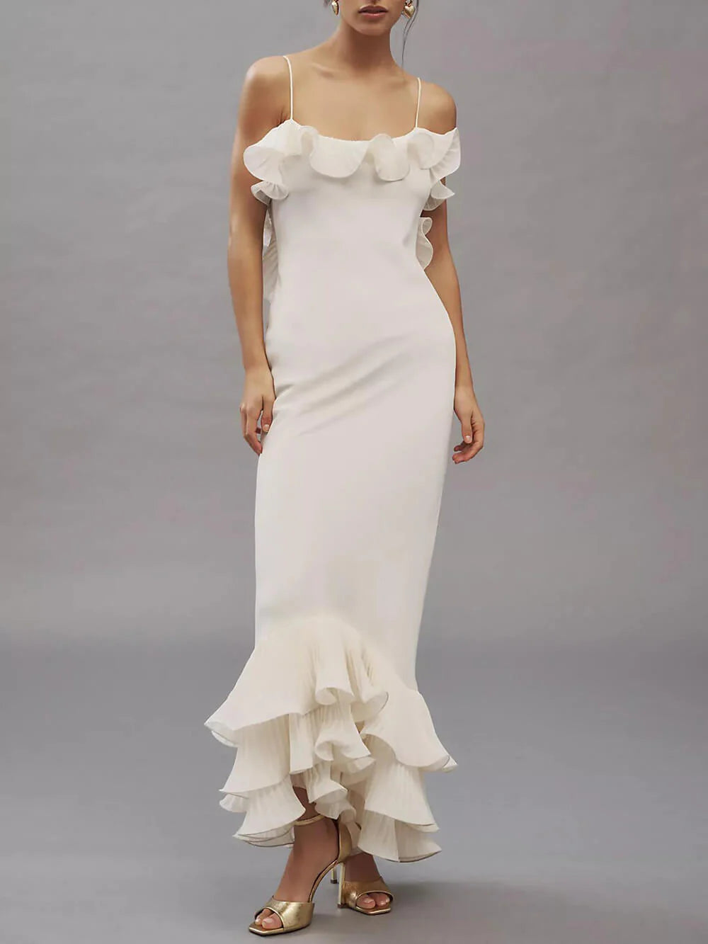 Alisin Pleated Chiffon Wavy Ruffles Trim Slip Maxi Dress