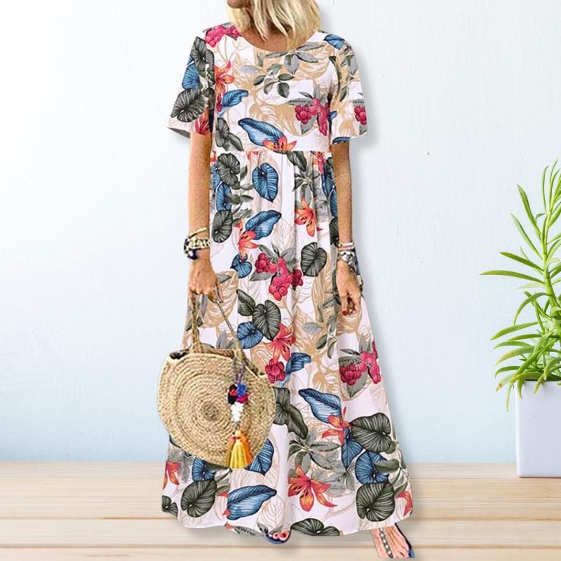 Tropical Botanical Print Round Neck Short Sleeve Empire Waist Maxi Dress