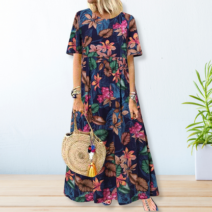 Tropical Botanical Print Round Neck Short Sleeve Empire Waist Maxi Dress