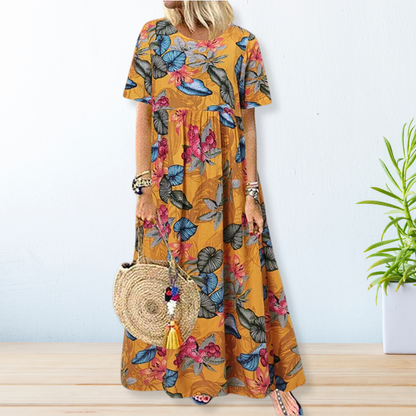 Tropical Botanical Print Round Neck Short Sleeve Empire Waist Maxi Dress