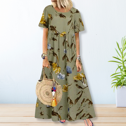 Tropical Botanical Print Round Neck Short Sleeve Empire Waist Maxi Dress