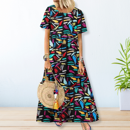 Tropical Botanical Print Round Neck Short Sleeve Empire Waist Maxi Dress