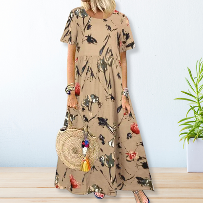 Tropical Botanical Print Round Neck Short Sleeve Empire Waist Maxi Dress