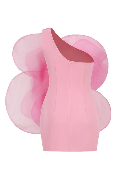 One Shoulder Giant 3D Floral Applique Organza Petal Bodycon Mini Dress