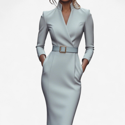 The Miriam — Belted Pencil Dress with Gold Buckle