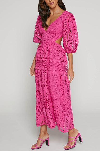 V-neck Lace Embroidery Hollow Waist Dress