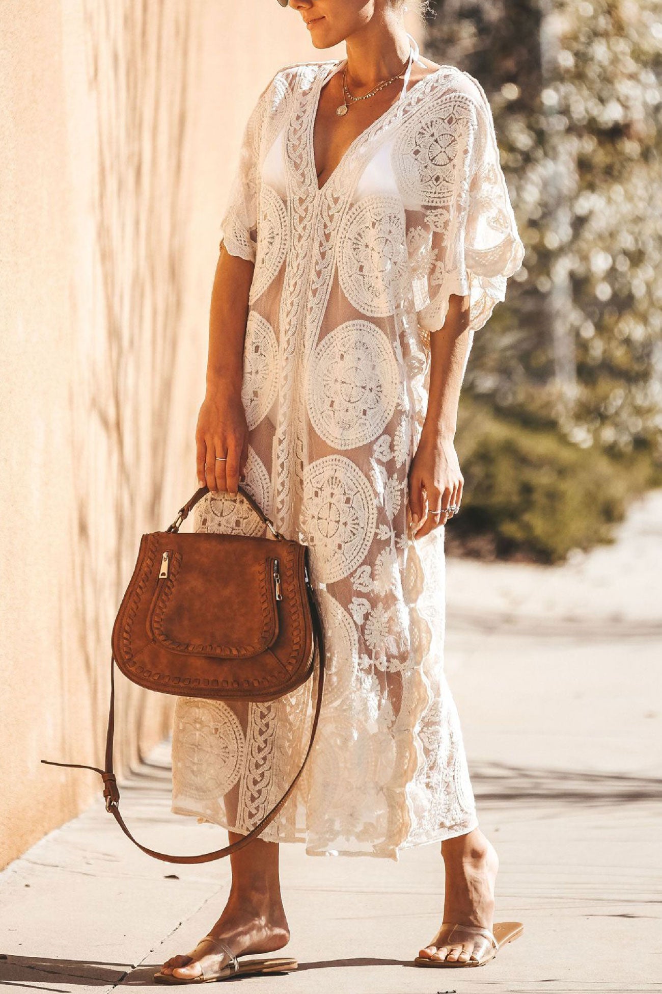 V-Neck Lace Embroidery Cover-up Dress