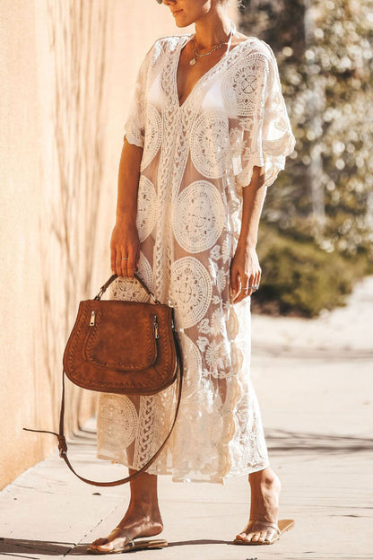 V-Neck Lace Embroidery Cover-up Dress