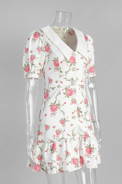 V-Neck Puff Sleeve A-line Ruffle Mini Dress