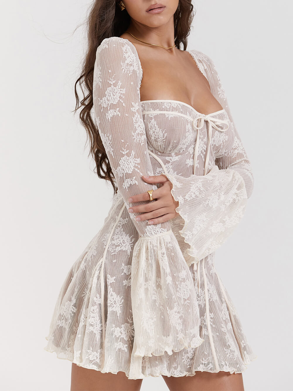 Square Neck Tie Front Floral Lace Bell Sleeve Corset Bodice Mini Dress
