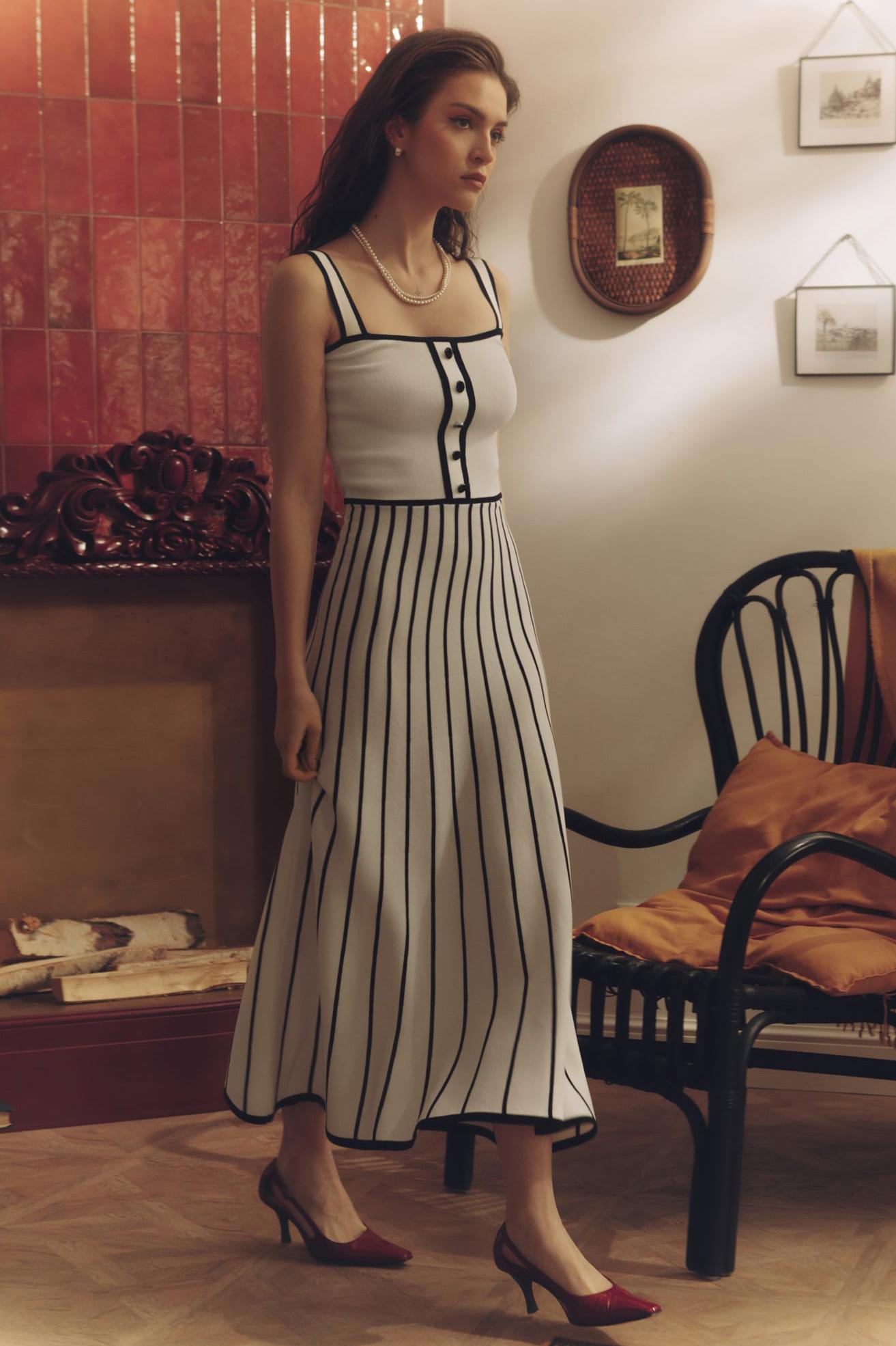 Contrast Trim Button-Front Vertical Stripe Fit-and-Flare Knit Midi Dress