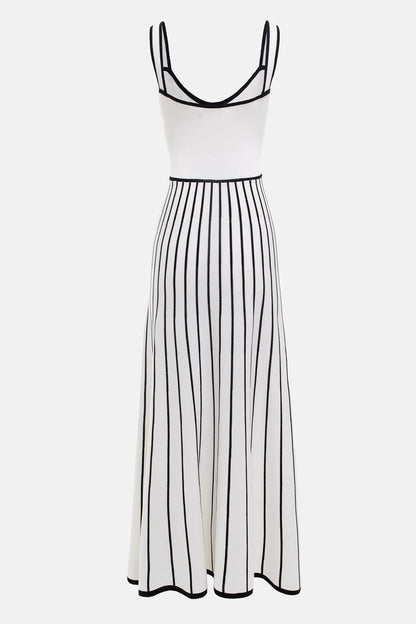 Contrast Trim Button-Front Vertical Stripe Fit-and-Flare Knit Midi Dress