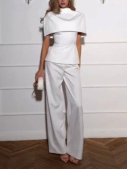Elegant Cape-Style Top & Wide-Leg Pants Two-Piece Set