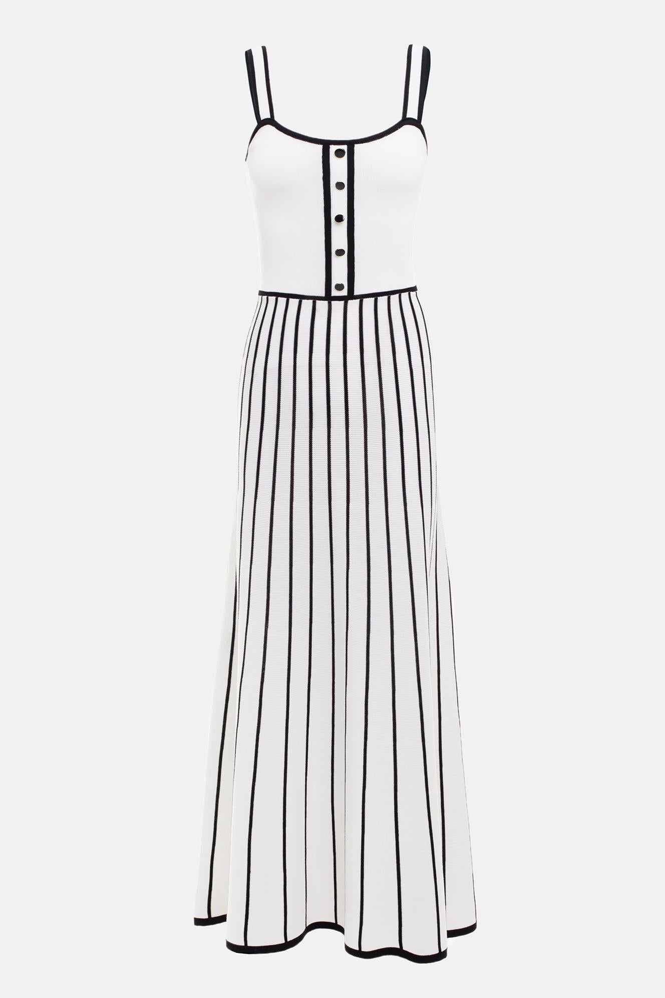 Contrast Trim Button-Front Vertical Stripe Fit-and-Flare Knit Midi Dress