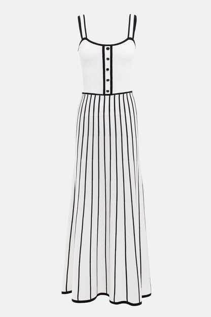 Contrast Trim Button-Front Vertical Stripe Fit-and-Flare Knit Midi Dress