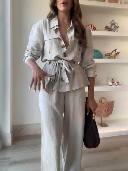 Classic Linen Elastic Waist Pocket Loose Wide Leg Pants