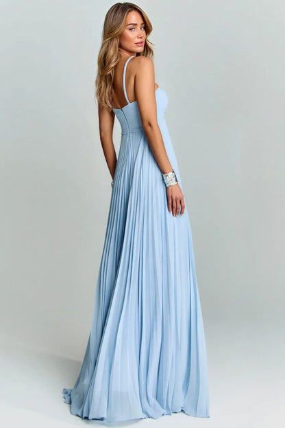 Elegant Braided Neckline Blue Pleated Maxi Dress