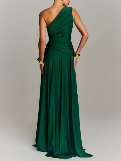 Elegant Draped One Shoulder Cocktail Maxi Dress