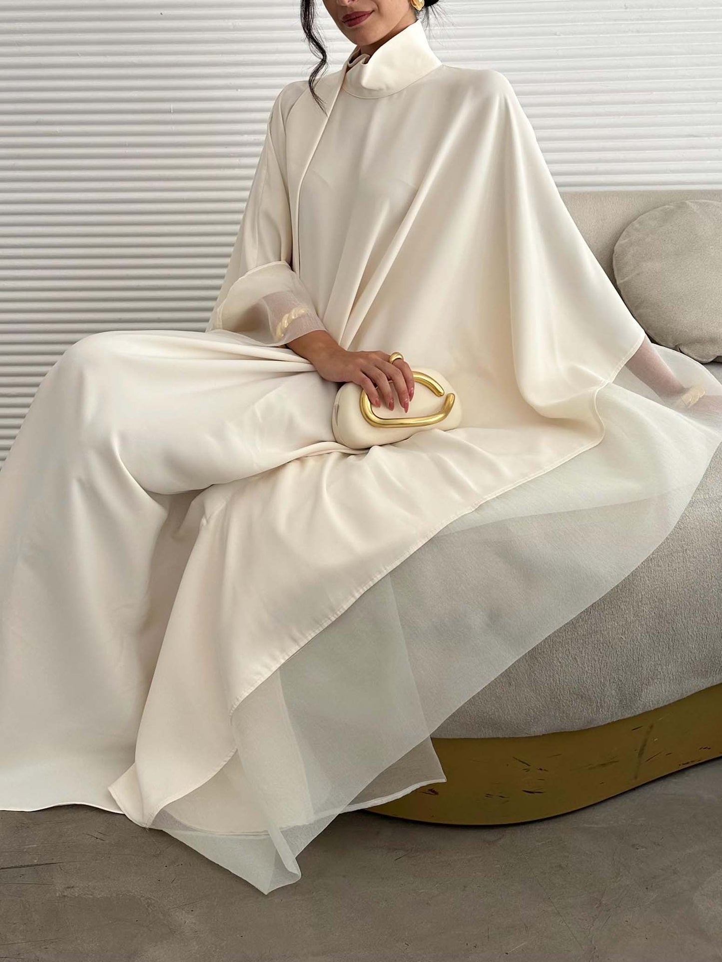 Elegant High-Neck Flowing Cape Maxi Dress