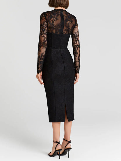 Elegant Lace Long-sleeved Bodycon Midi Dress