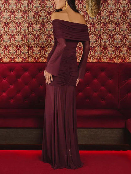 Elegant Off-the-shoulder Mesh Long-sleeved Maxi Dress