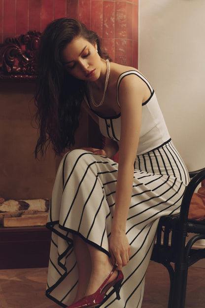 Contrast Trim Button-Front Vertical Stripe Fit-and-Flare Knit Midi Dress