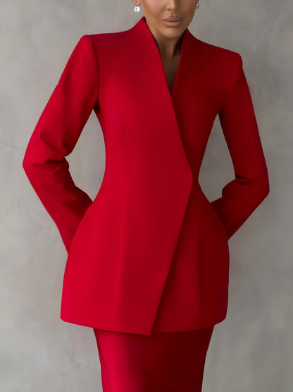 Elegant Asymmetrical Slim Fit Suit Jacket Two-Piece Set