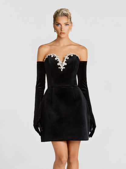 Elegant Strapless V-Neck Rhinestone-Embellished Mini Dress
