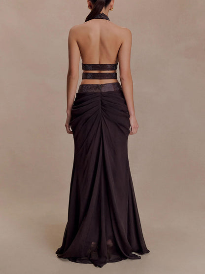 Exquisite Sequin Openwork Top And Satin Pleated Maxi Skirt Set