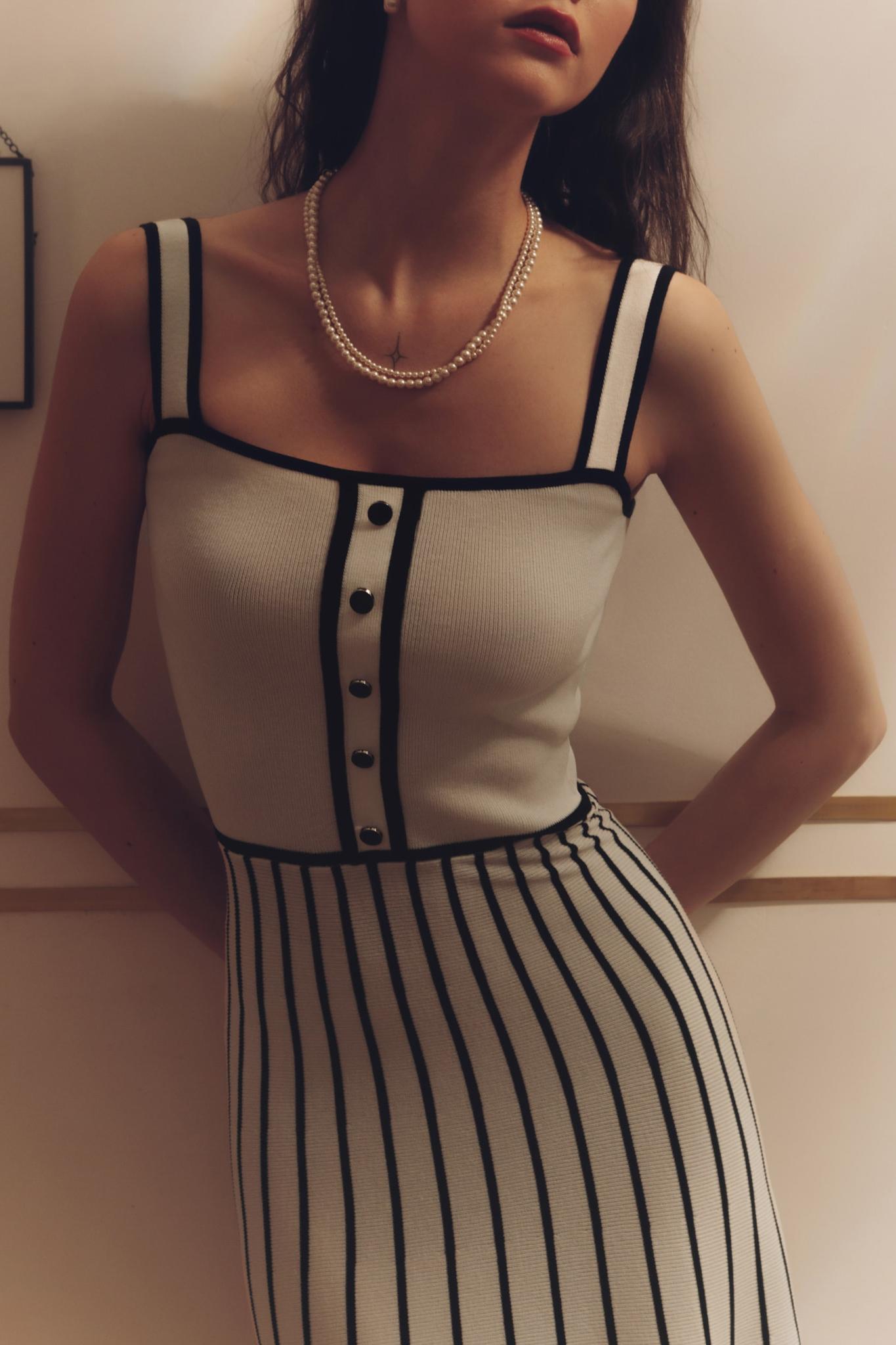 Contrast Trim Button-Front Vertical Stripe Fit-and-Flare Knit Midi Dress