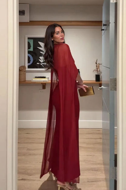 Sexy Burgundy V-neck Sleeveless Sheer Fit Shawl-Style Spaghetti Strap Maxi Dress