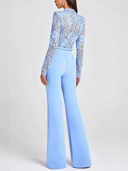 Elegant Party Charmer Flower Lace Patchwork Long Sleeve Bow Belted Flare Jumpsuit
