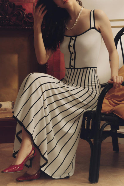 Contrast Trim Button-Front Vertical Stripe Fit-and-Flare Knit Midi Dress