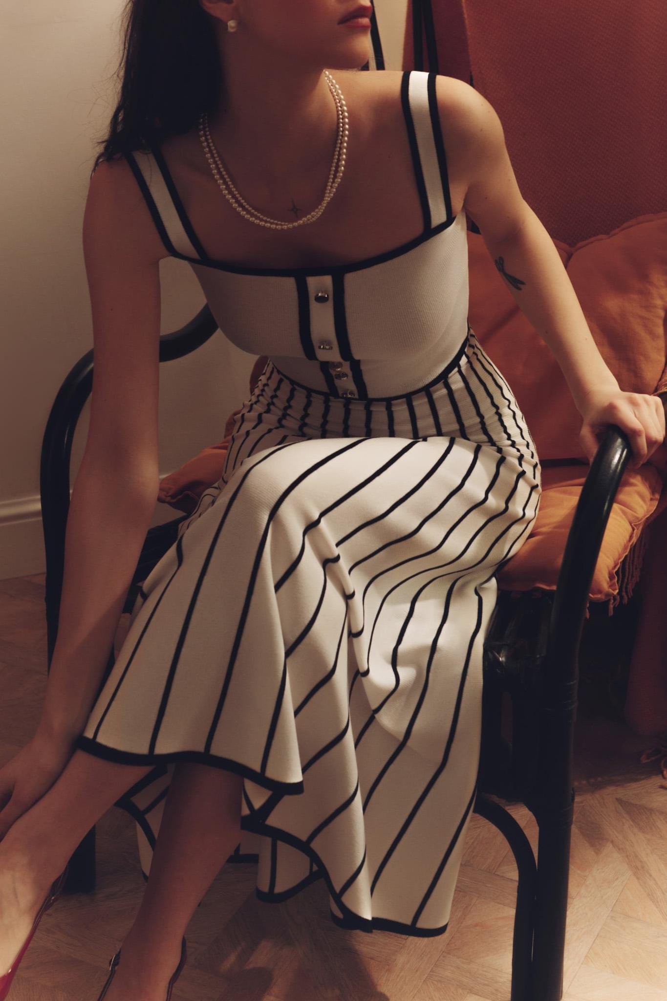 Contrast Trim Button-Front Vertical Stripe Fit-and-Flare Knit Midi Dress