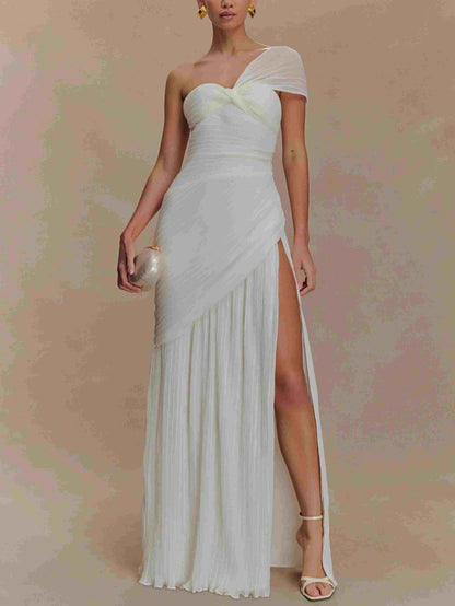 Off-shoulder Pleated Slit Maxi Dress