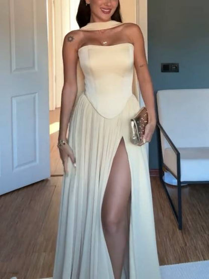 Elegant Scarf Tube Top And Slit Skirts Suit