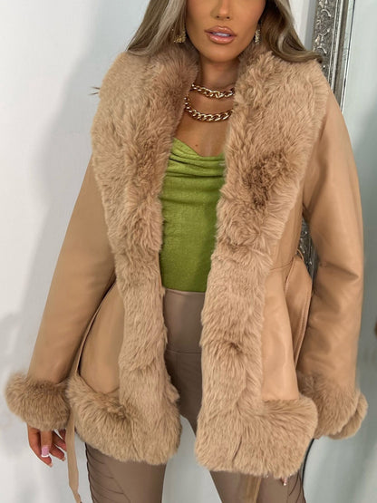 PU Leather Women's Leather Jacket With Large Fur Collar, Belted Waist, And Fitted Design; Long-sleeved Coat.