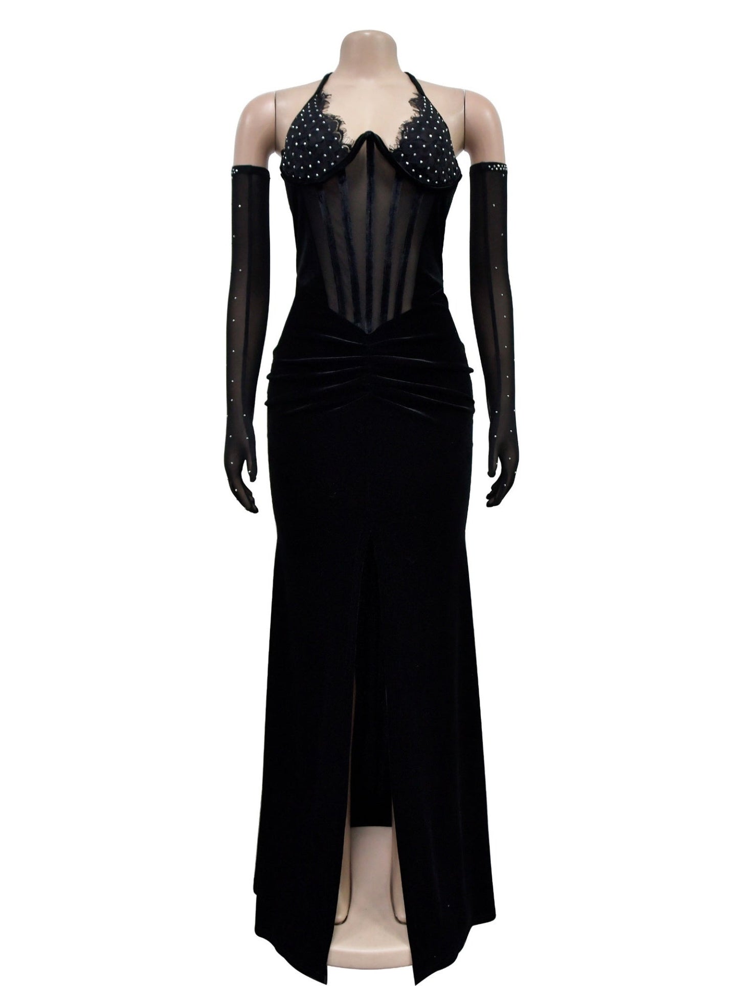 Lace And Velvet Patchwork Rhinestone-studded Evening Gown Mesh See-through Halter Neck Slit Maxi Dresses