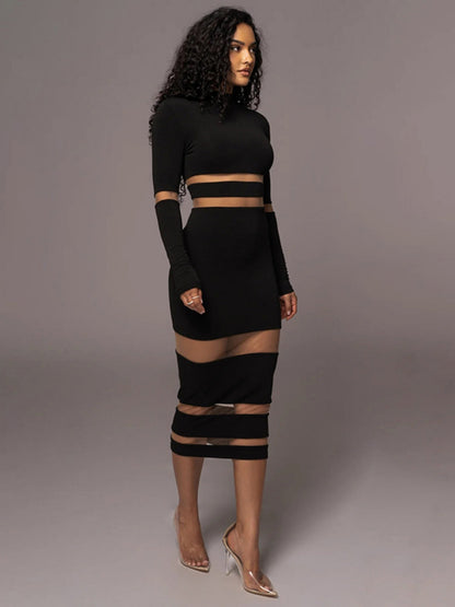 Mesh Splicing High Collar High Waist Slim Sexy Long Dress