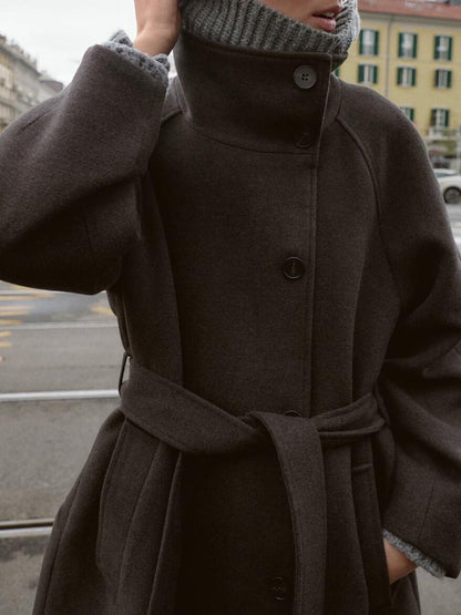 Waist-cinching Wool Coat Stand-up Collar Tie Coats