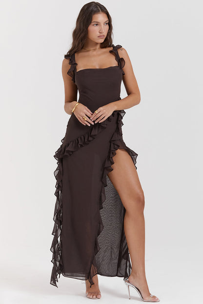 Square Neck Cap Sleeve Cascading Ruffle Trim High Slit Maxi Gown