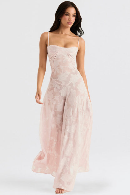 Floral Jacquard Spaghetti Strap Lace Up Corset Back Fit and Flare Maxi Dress