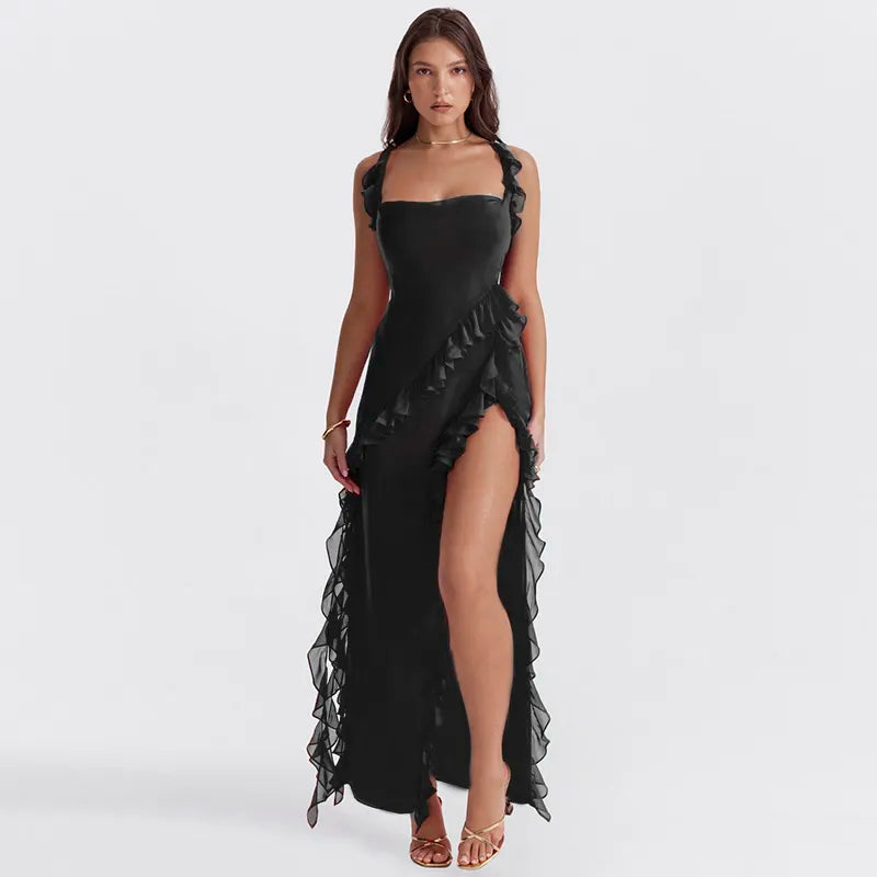 Square Neck Cap Sleeve Cascading Ruffle Trim High Slit Maxi Gown