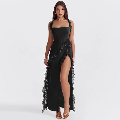Square Neck Cap Sleeve Cascading Ruffle Trim High Slit Maxi Gown